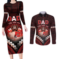 Personalised Tonga Happy Father's Day Couples Matching Long Sleeve Bodycon Dress and Long Sleeve Button Shirt Ofa Lahi Atu Dad Polynesian Tribal LT05 Red - Polynesian Pride
