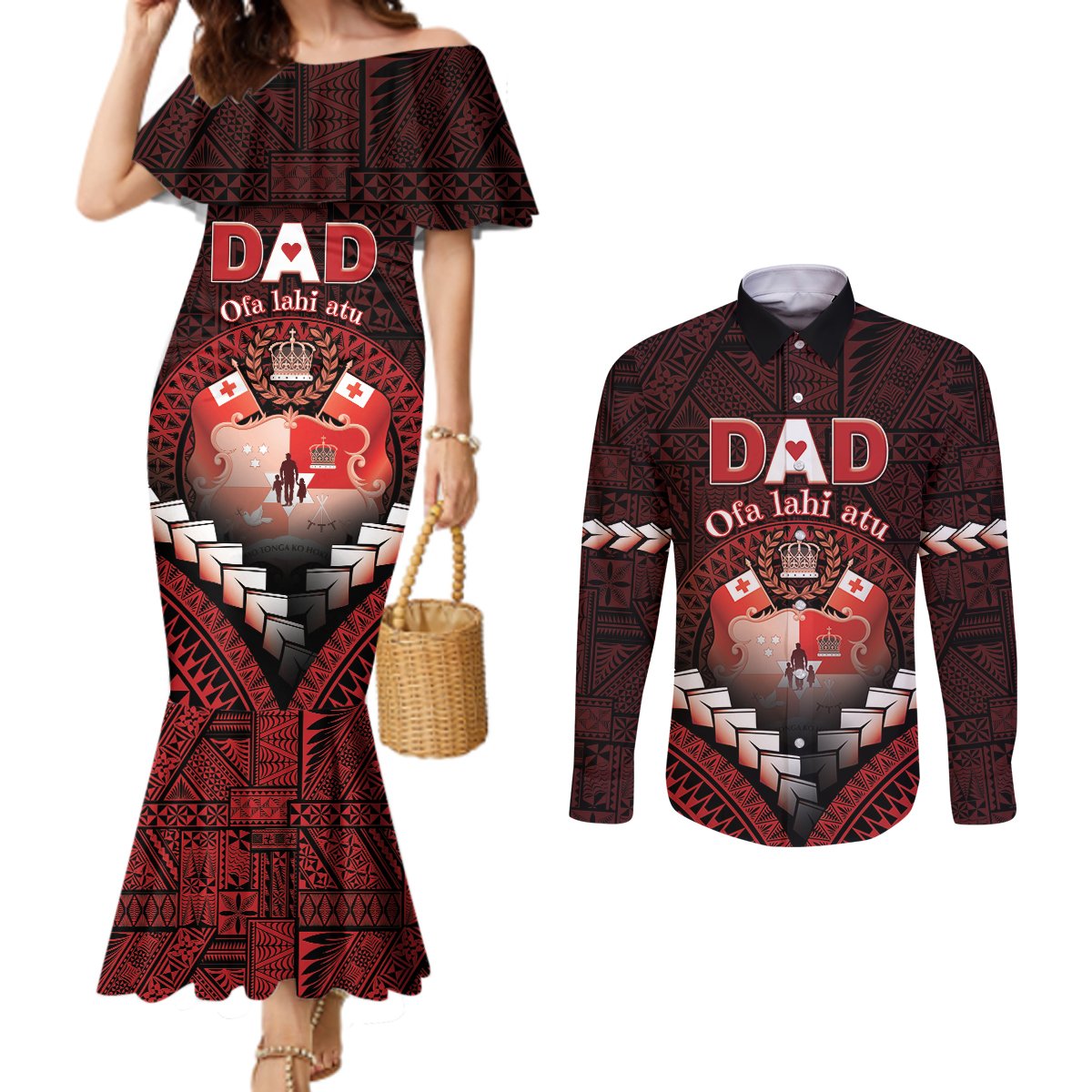 Personalised Tonga Happy Father's Day Couples Matching Mermaid Dress and Long Sleeve Button Shirt Ofa Lahi Atu Dad Polynesian Tribal LT05 Red - Polynesian Pride