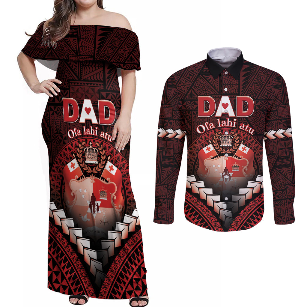 Personalised Tonga Happy Father's Day Couples Matching Off Shoulder Maxi Dress and Long Sleeve Button Shirt Ofa Lahi Atu Dad Polynesian Tribal LT05 Red - Polynesian Pride