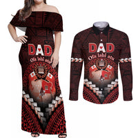 Personalised Tonga Happy Father's Day Couples Matching Off Shoulder Maxi Dress and Long Sleeve Button Shirt Ofa Lahi Atu Dad Polynesian Tribal LT05 Red - Polynesian Pride