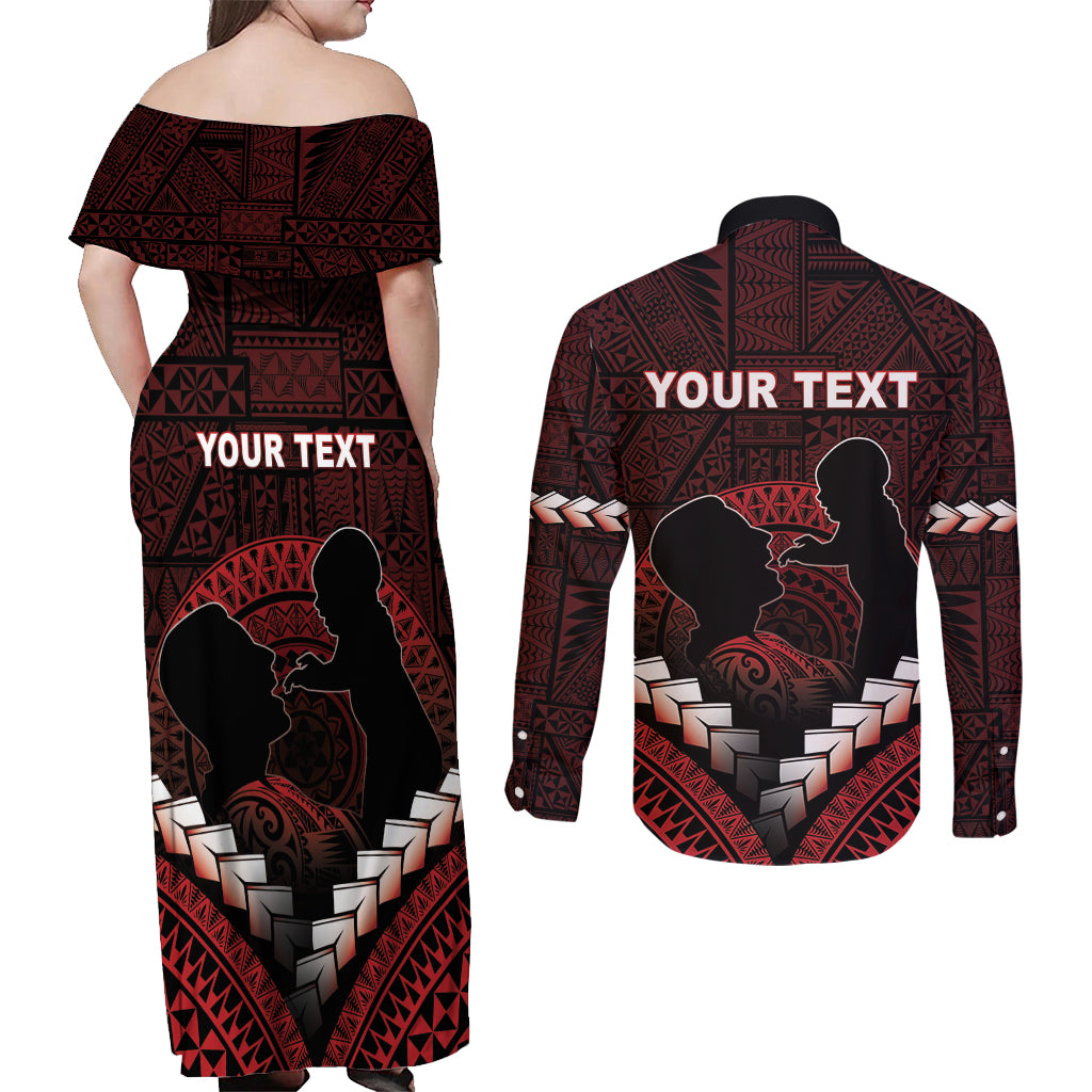 Personalised Tonga Happy Father's Day Couples Matching Off Shoulder Maxi Dress and Long Sleeve Button Shirt Ofa Lahi Atu Dad Polynesian Tribal LT05 - Polynesian Pride