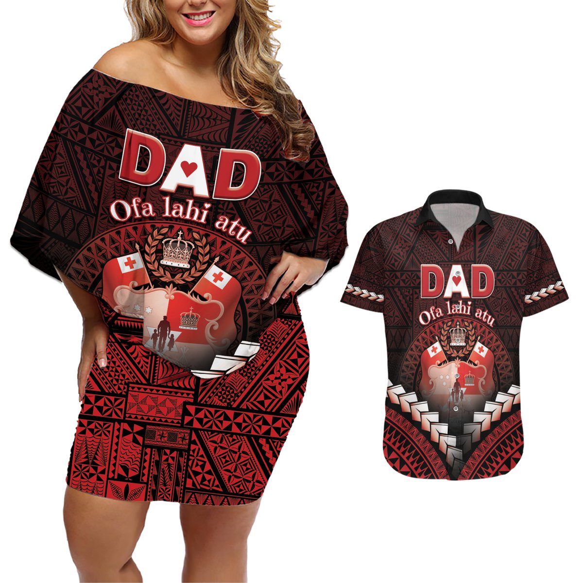 Personalised Tonga Happy Father's Day Couples Matching Off Shoulder Short Dress and Hawaiian Shirt Ofa Lahi Atu Dad Polynesian Tribal LT05 Red - Polynesian Pride