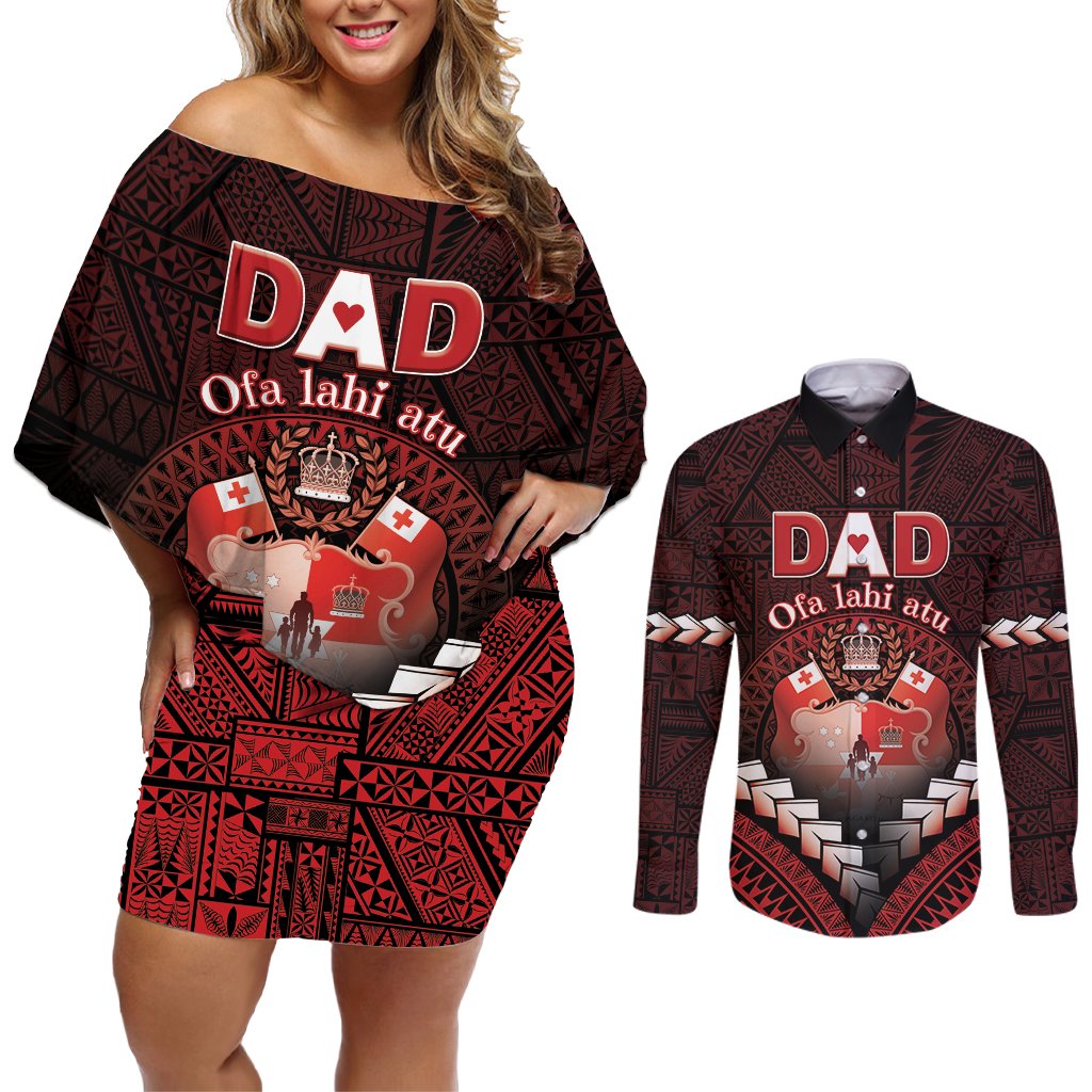 Personalised Tonga Happy Father's Day Couples Matching Off Shoulder Short Dress and Long Sleeve Button Shirt Ofa Lahi Atu Dad Polynesian Tribal LT05 Red - Polynesian Pride