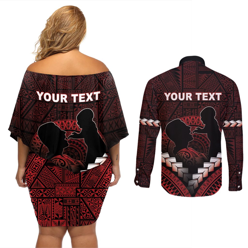 Personalised Tonga Happy Father's Day Couples Matching Off Shoulder Short Dress and Long Sleeve Button Shirt Ofa Lahi Atu Dad Polynesian Tribal LT05 - Polynesian Pride