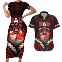 Personalised Tonga Happy Father's Day Couples Matching Short Sleeve Bodycon Dress and Hawaiian Shirt Ofa Lahi Atu Dad Polynesian Tribal LT05 Red - Polynesian Pride
