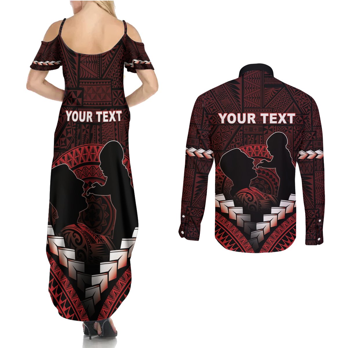 Personalised Tonga Happy Father's Day Couples Matching Summer Maxi Dress and Long Sleeve Button Shirt Ofa Lahi Atu Dad Polynesian Tribal LT05 - Polynesian Pride