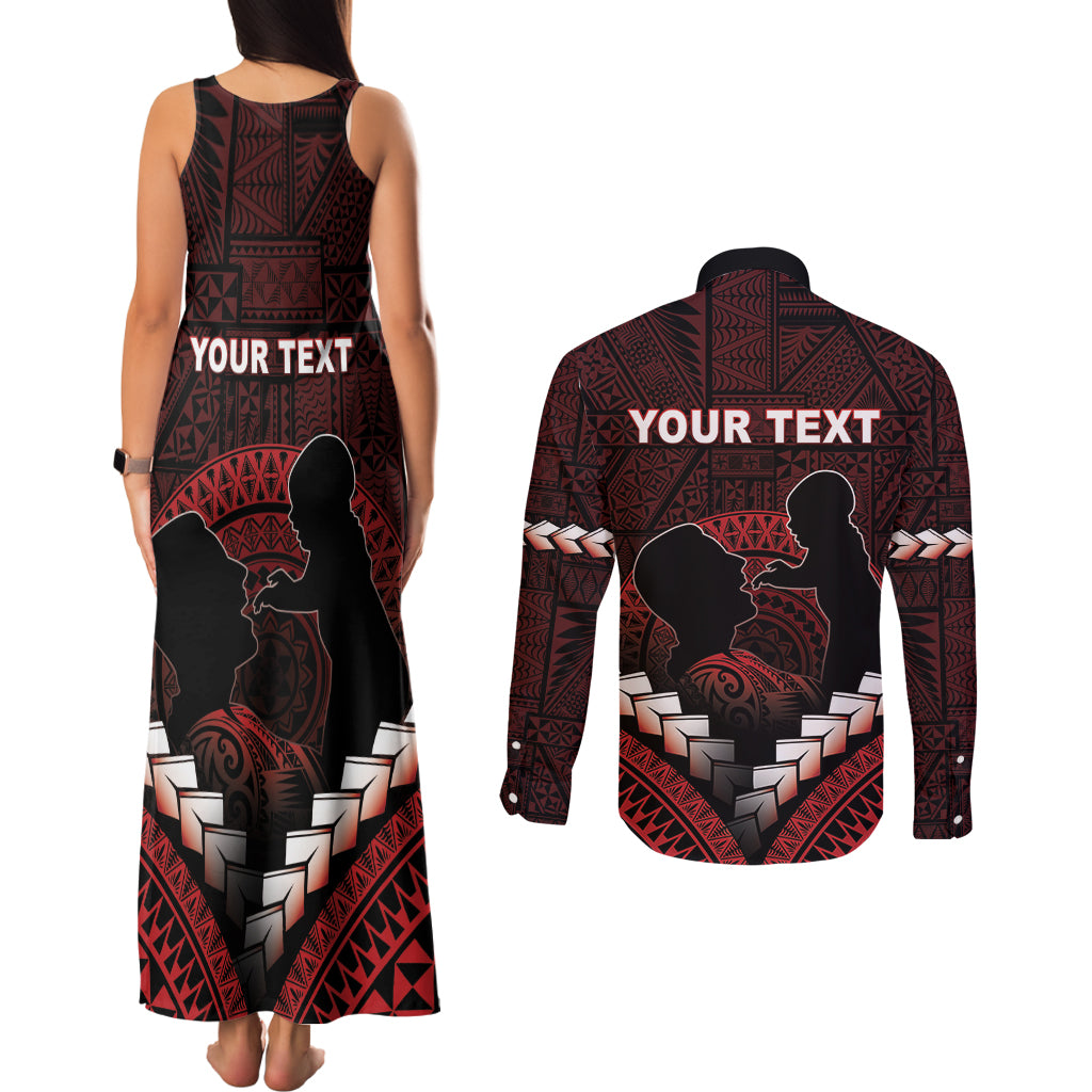 Personalised Tonga Happy Father's Day Couples Matching Tank Maxi Dress and Long Sleeve Button Shirt Ofa Lahi Atu Dad Polynesian Tribal LT05 - Polynesian Pride