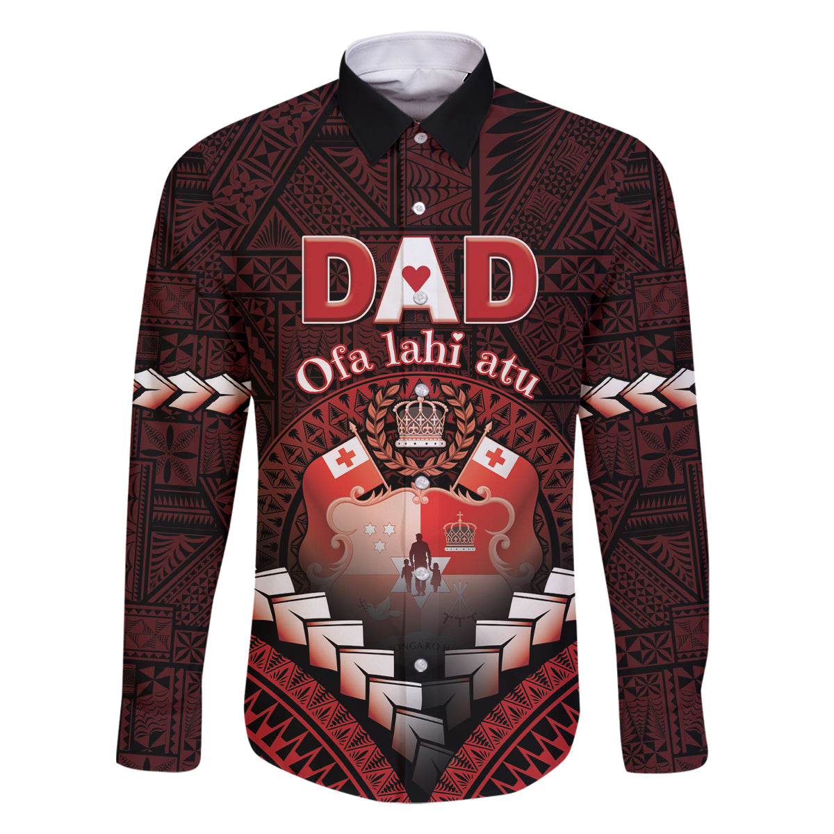 Personalised Tonga Happy Father's Day Family Matching Mermaid Dress and Hawaiian Shirt Ofa Lahi Atu Dad Polynesian Tribal LT05 Dad's Shirt - Long Sleeve Red - Polynesian Pride