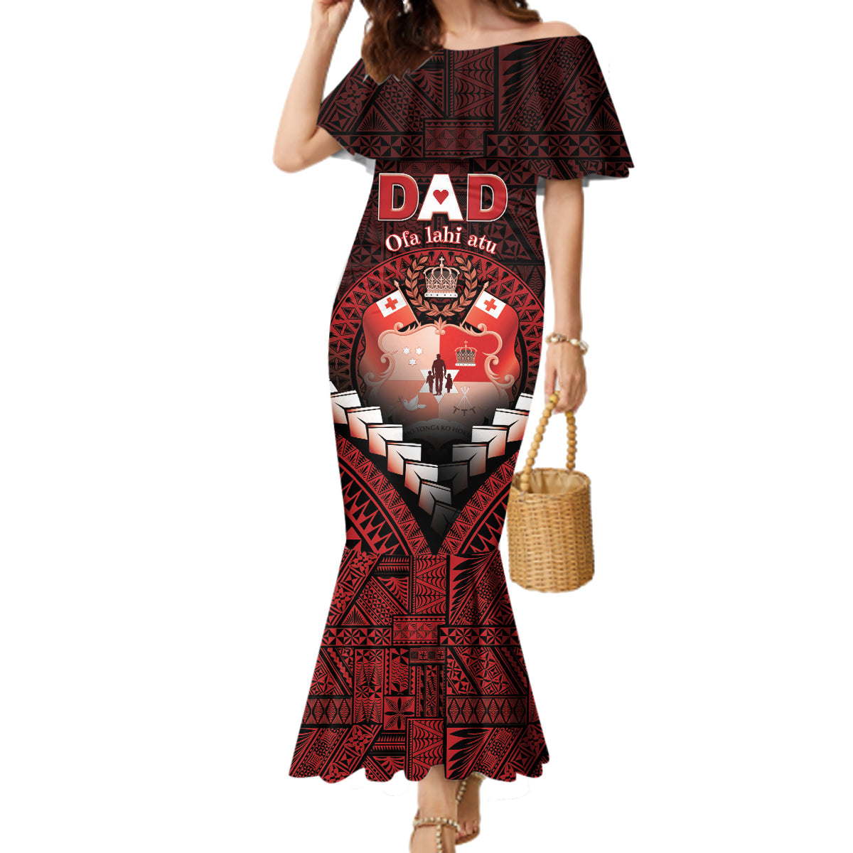 Personalised Tonga Happy Father's Day Family Matching Mermaid Dress and Hawaiian Shirt Ofa Lahi Atu Dad Polynesian Tribal LT05 Mom's Dress Red - Polynesian Pride