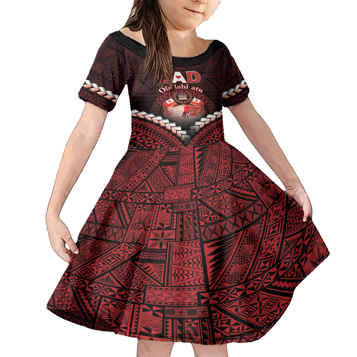 Personalised Tonga Happy Father's Day Family Matching Off Shoulder Maxi Dress and Hawaiian Shirt Ofa Lahi Atu Dad Polynesian Tribal LT05 Daughter's Dress Red - Polynesian Pride