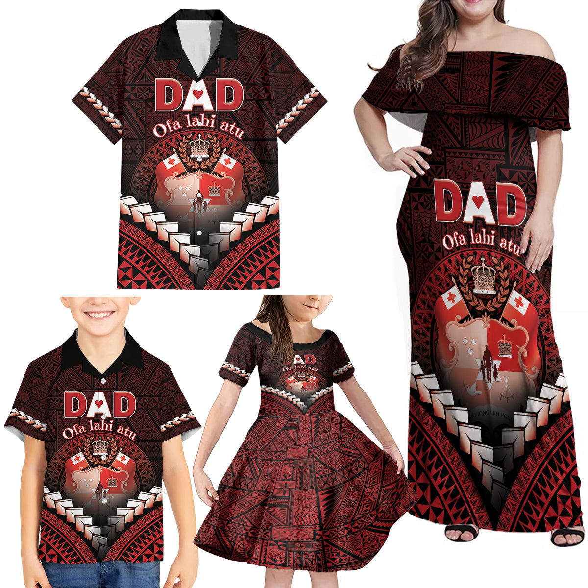 Personalised Tonga Happy Father's Day Family Matching Off Shoulder Maxi Dress and Hawaiian Shirt Ofa Lahi Atu Dad Polynesian Tribal LT05 - Polynesian Pride