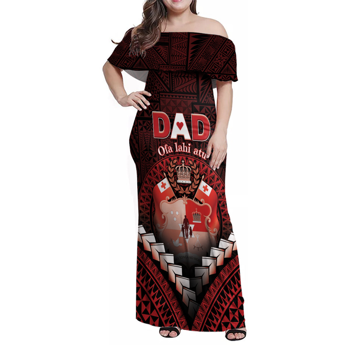 Personalised Tonga Happy Father's Day Family Matching Off Shoulder Maxi Dress and Hawaiian Shirt Ofa Lahi Atu Dad Polynesian Tribal LT05 Mom's Dress Red - Polynesian Pride