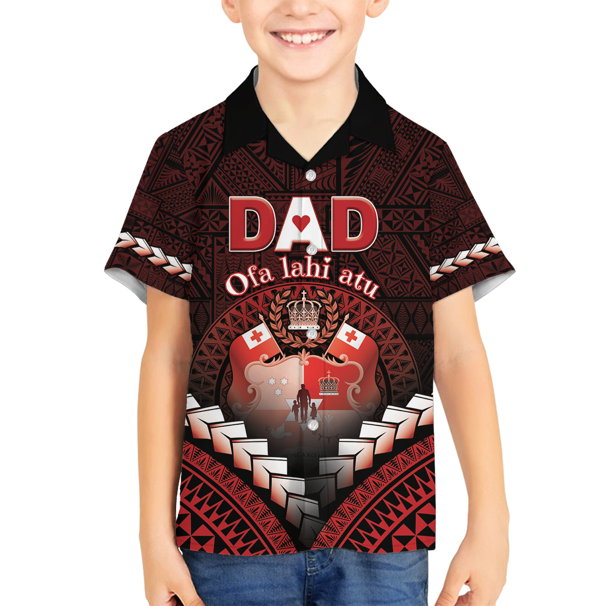 Personalised Tonga Happy Father's Day Family Matching Off Shoulder Maxi Dress and Hawaiian Shirt Ofa Lahi Atu Dad Polynesian Tribal LT05 Son's Shirt Red - Polynesian Pride