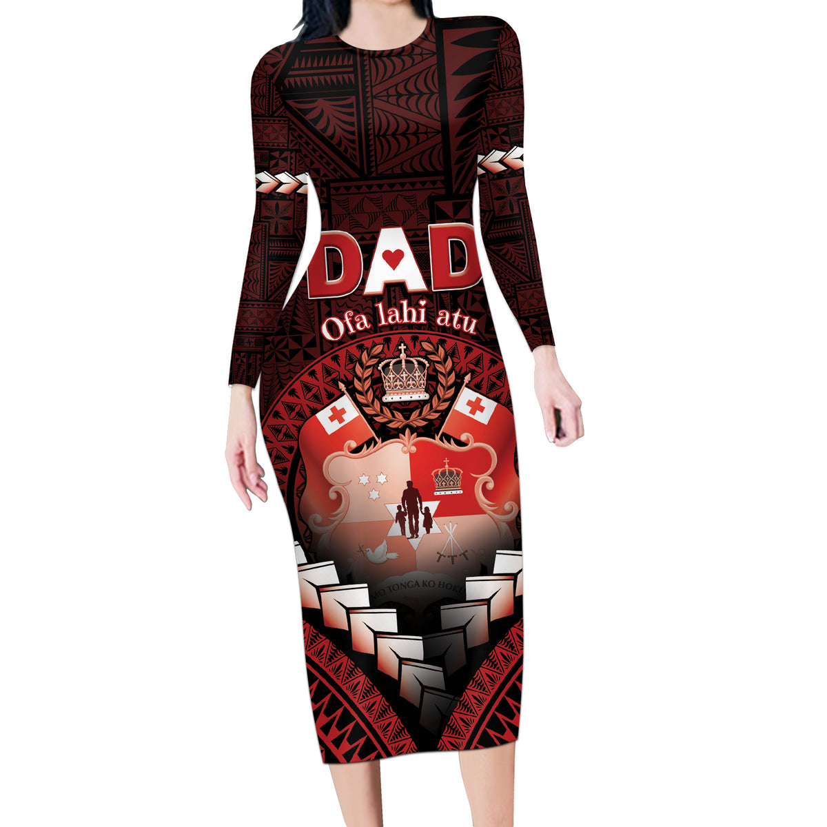Personalised Tonga Happy Father's Day Long Sleeve Bodycon Dress Ofa Lahi Atu Dad Polynesian Tribal LT05 Long Dress Red - Polynesian Pride