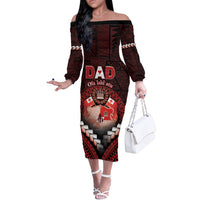 Personalised Tonga Happy Father's Day Off The Shoulder Long Sleeve Dress Ofa Lahi Atu Dad Polynesian Tribal LT05 Women Red - Polynesian Pride