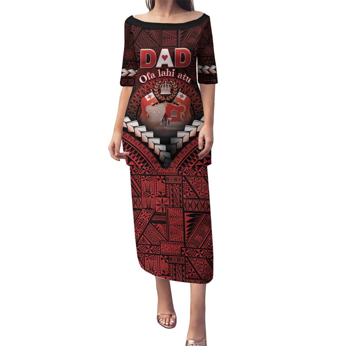 Personalised Tonga Happy Father's Day Puletasi Ofa Lahi Atu Dad Polynesian Tribal LT05 Long Dress Red - Polynesian Pride