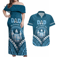 Personalised Fiji Happy Father's Day Couples Matching Off Shoulder Maxi Dress and Hawaiian Shirt Au Lomani Iko Dad Polynesian Tribal LT05 Blue - Polynesian Pride