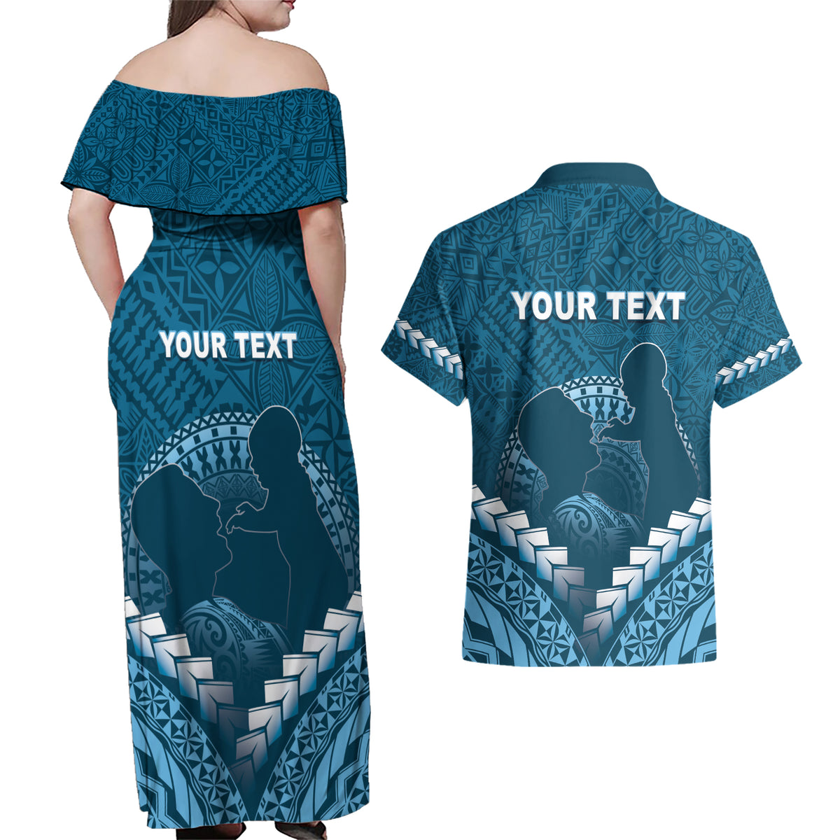 Personalised Fiji Happy Father's Day Couples Matching Off Shoulder Maxi Dress and Hawaiian Shirt Au Lomani Iko Dad Polynesian Tribal LT05 - Polynesian Pride