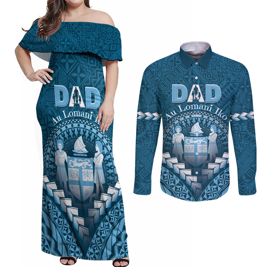 Personalised Fiji Happy Father's Day Couples Matching Off Shoulder Maxi Dress and Long Sleeve Button Shirt Au Lomani Iko Dad Polynesian Tribal LT05 Blue - Polynesian Pride