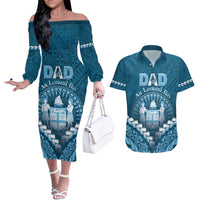 Personalised Fiji Happy Father's Day Couples Matching Off The Shoulder Long Sleeve Dress and Hawaiian Shirt Au Lomani Iko Dad Polynesian Tribal LT05 Blue - Polynesian Pride
