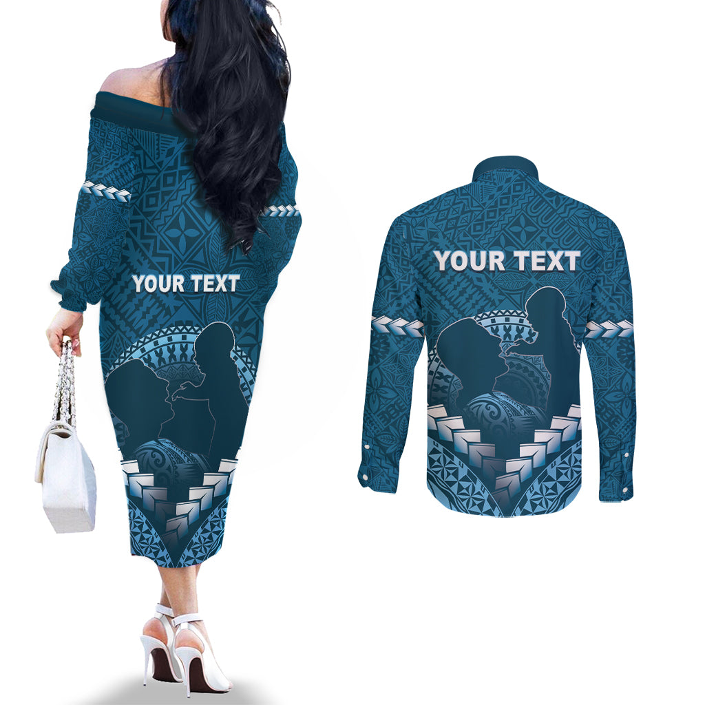 Personalised Fiji Happy Father's Day Couples Matching Off The Shoulder Long Sleeve Dress and Long Sleeve Button Shirt Au Lomani Iko Dad Polynesian Tribal LT05 - Polynesian Pride