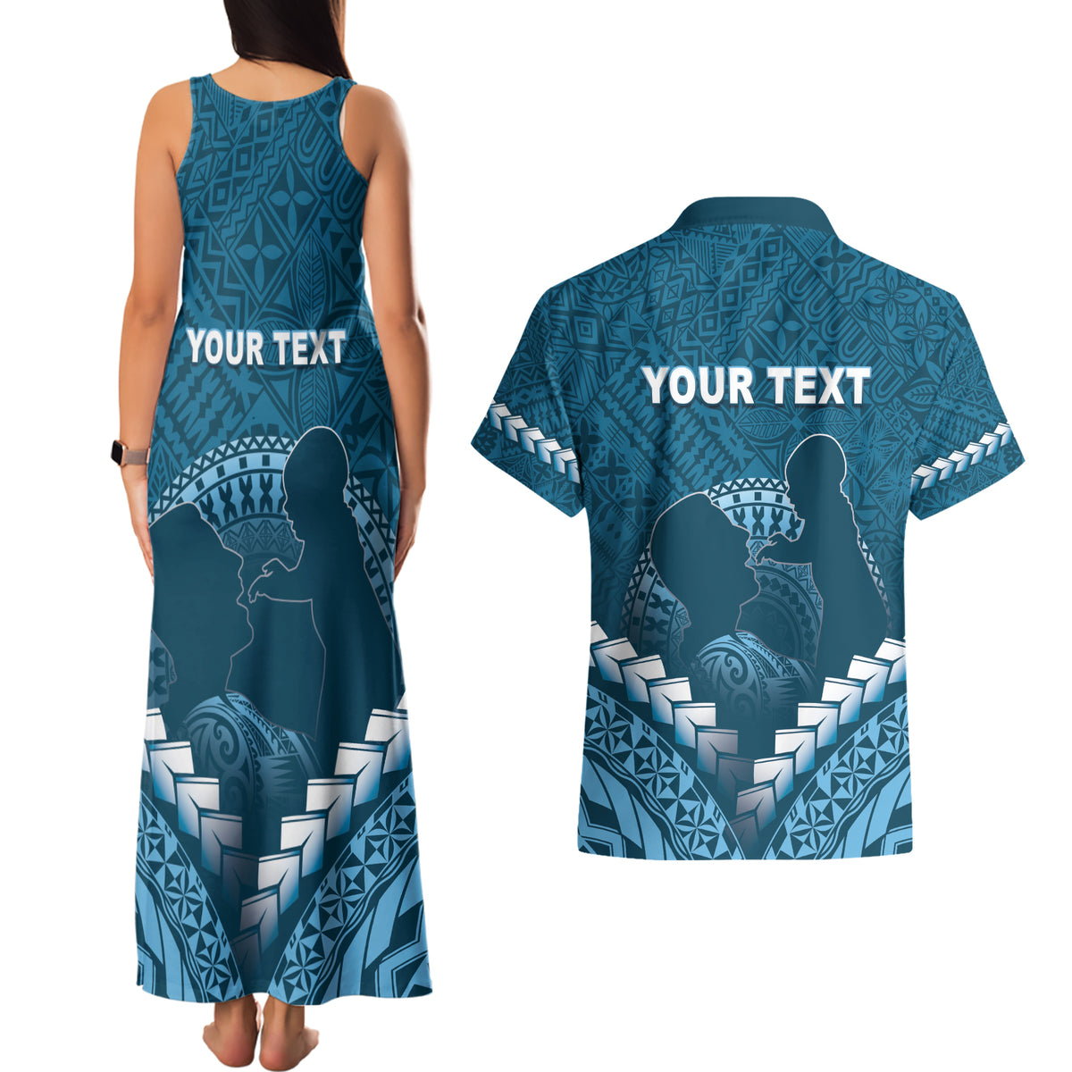 Personalised Fiji Happy Father's Day Couples Matching Tank Maxi Dress and Hawaiian Shirt Au Lomani Iko Dad Polynesian Tribal LT05 - Polynesian Pride