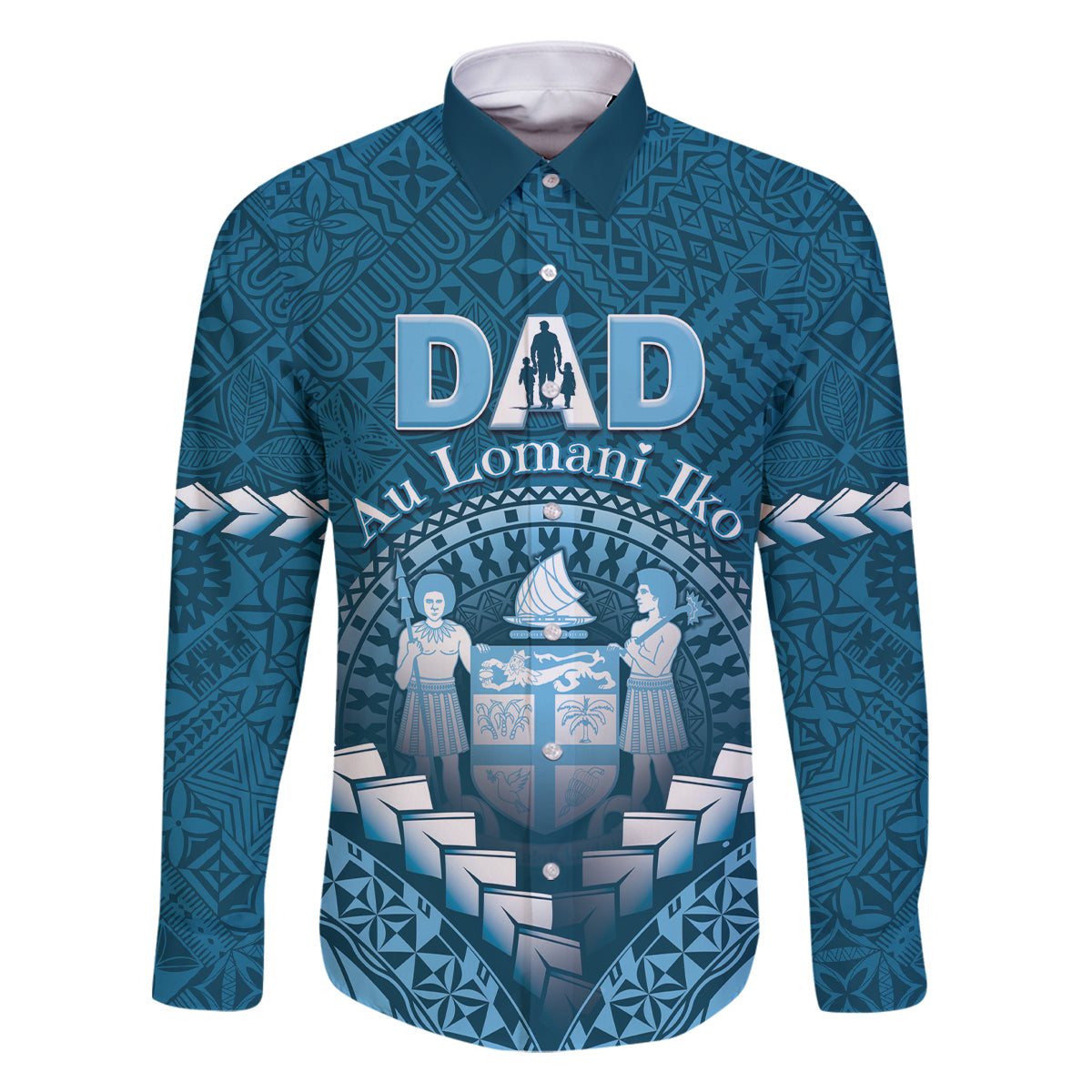 Personalised Fiji Happy Father's Day Family Matching Long Sleeve Bodycon Dress and Hawaiian Shirt Au Lomani Iko Dad Polynesian Tribal