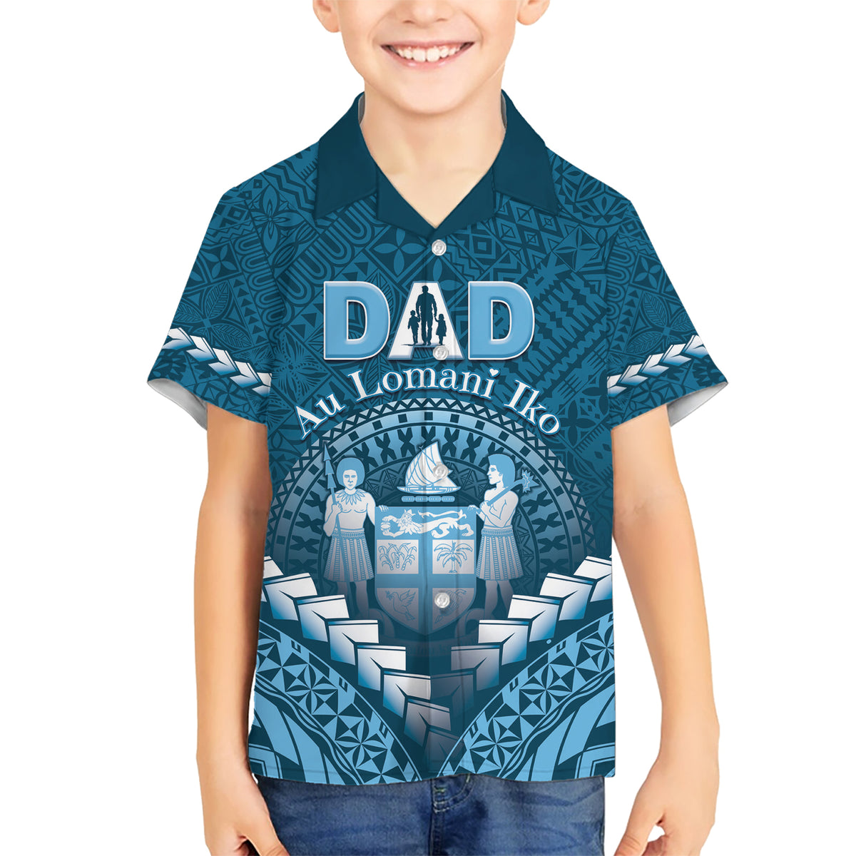 Personalised Fiji Happy Father's Day Kid Hawaiian Shirt Au Lomani Iko Dad Polynesian Tribal LT05 Kid Blue - Polynesian Pride