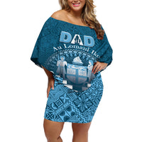 Personalised Fiji Happy Father's Day Off Shoulder Short Dress Au Lomani Iko Dad Polynesian Tribal LT05 Women Blue - Polynesian Pride