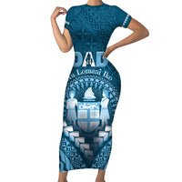 Personalised Fiji Happy Father's Day Short Sleeve Bodycon Dress Au Lomani Iko Dad Polynesian Tribal LT05 Long Dress Blue - Polynesian Pride