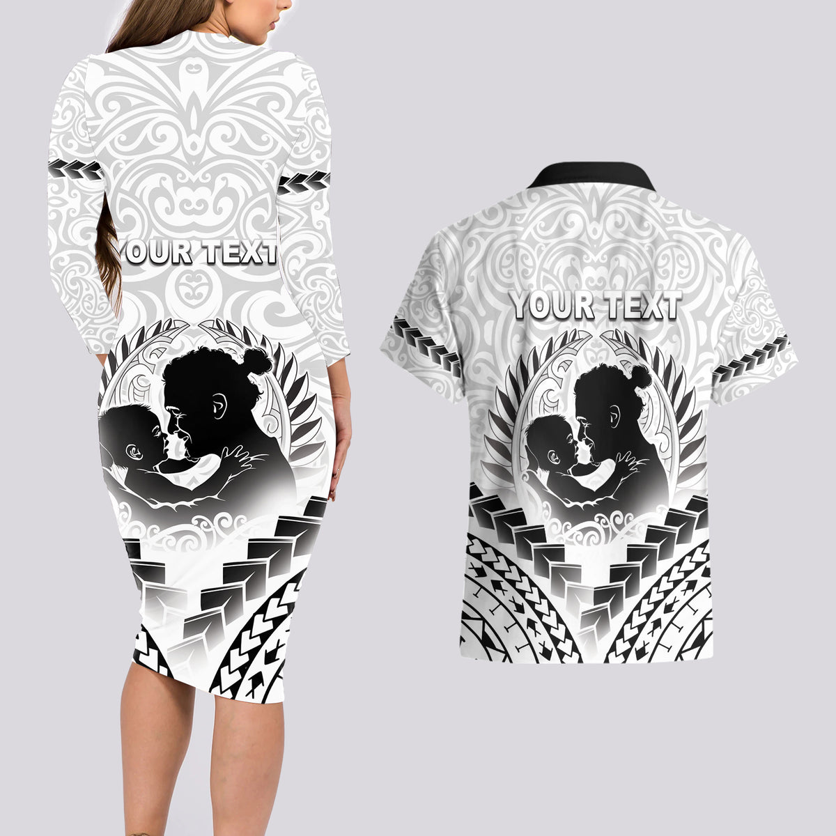 Personalised New Zealand Happy Father's Day Couples Matching Long Sleeve Bodycon Dress and Hawaiian Shirt Aroha Ahau Ki A Koe Papa Polynesian Tribal LT05 - Polynesian Pride