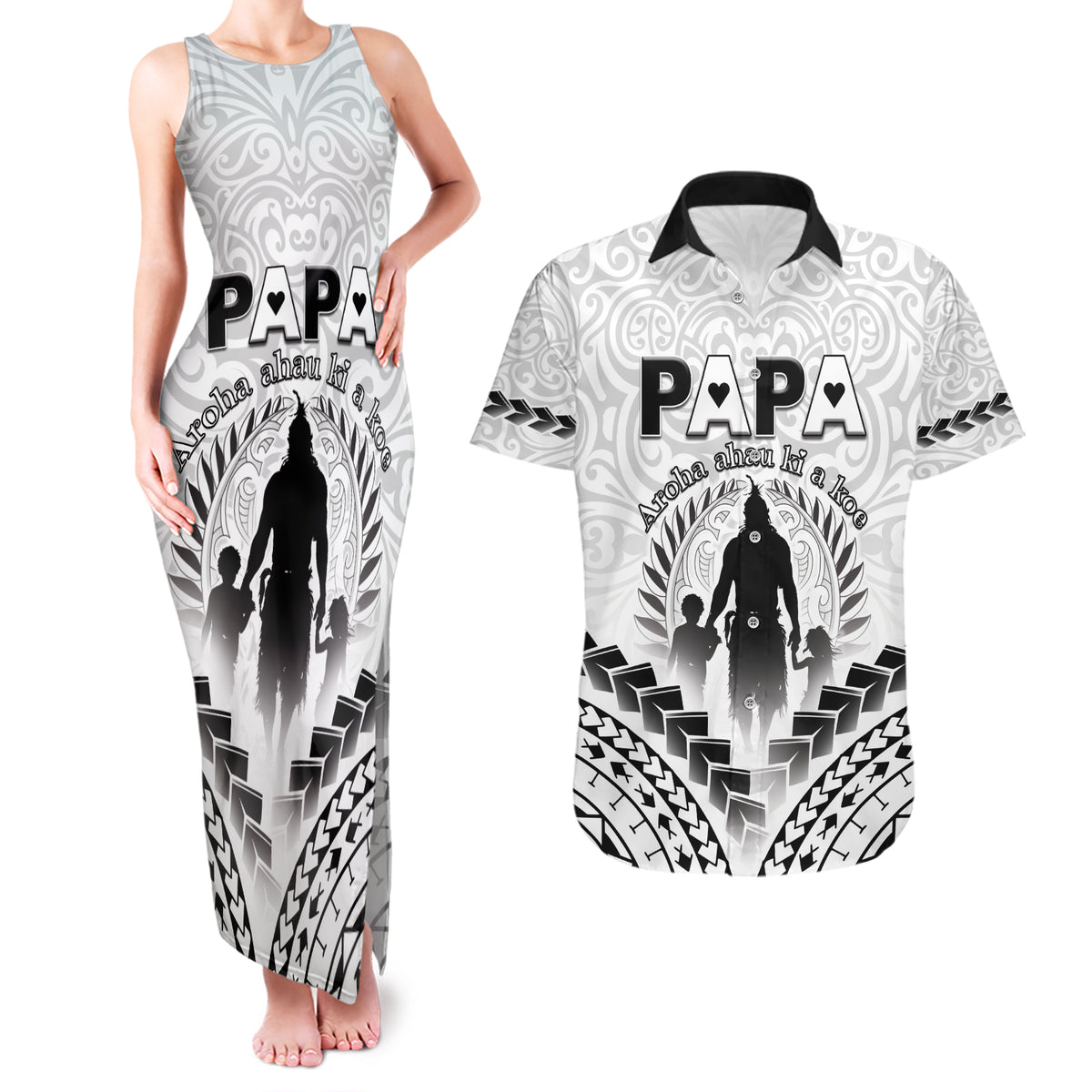 Personalised New Zealand Happy Father's Day Couples Matching Tank Maxi Dress and Hawaiian Shirt Aroha Ahau Ki A Koe Papa Polynesian Tribal LT05 White - Polynesian Pride