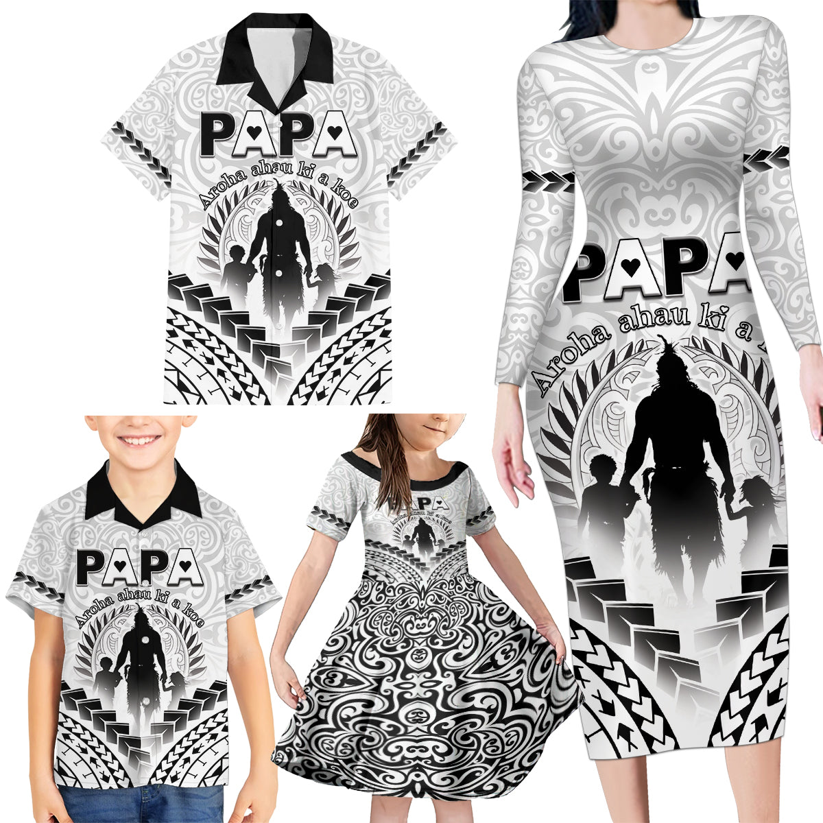 Personalised New Zealand Happy Father's Day Family Matching Long Sleeve Bodycon Dress and Hawaiian Shirt Aroha Ahau Ki A Koe Papa Polynesian Tribal LT05 - Polynesian Pride