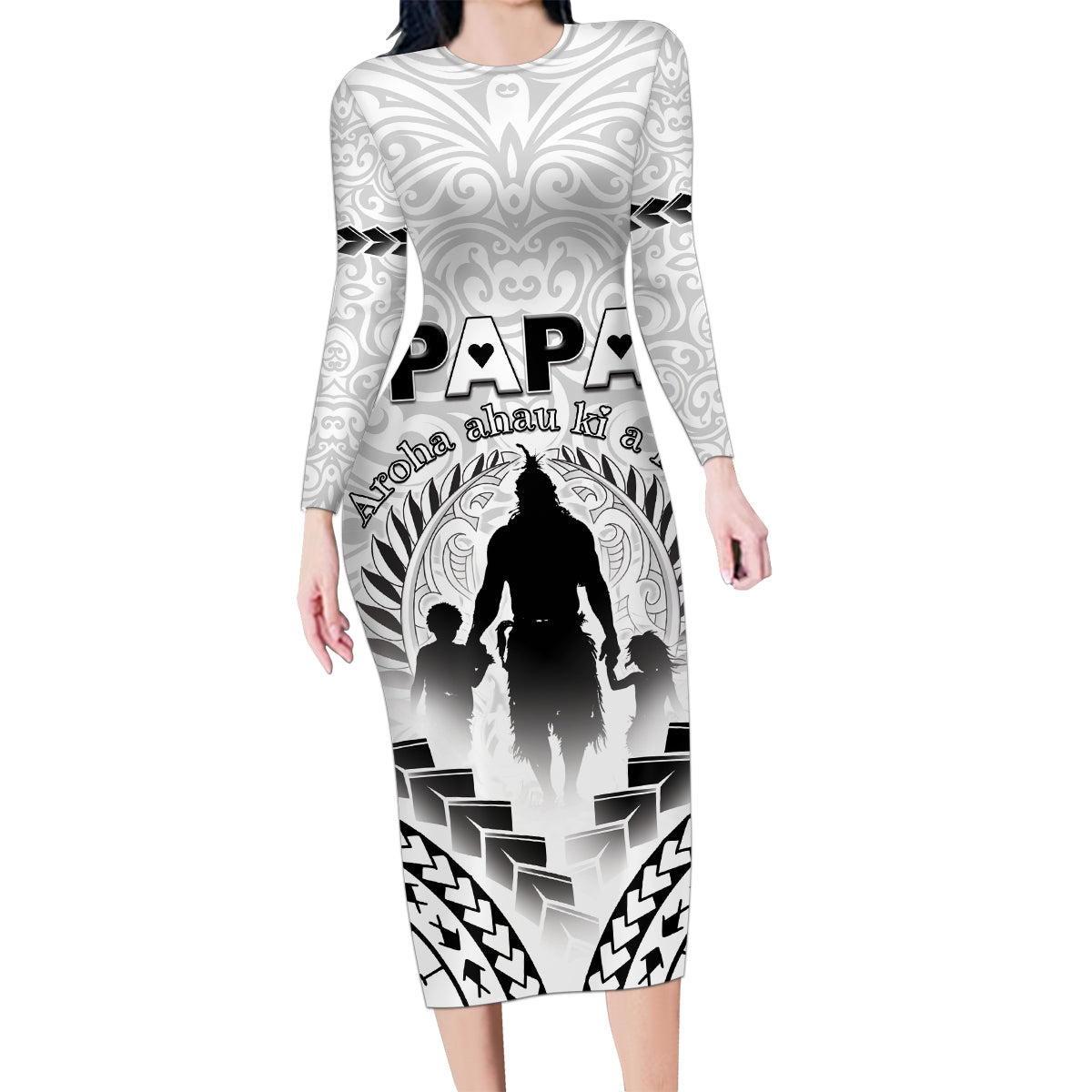 Personalised New Zealand Happy Father's Day Family Matching Long Sleeve Bodycon Dress and Hawaiian Shirt Aroha Ahau Ki A Koe Papa Polynesian Tribal LT05 Mom's Dress White - Polynesian Pride