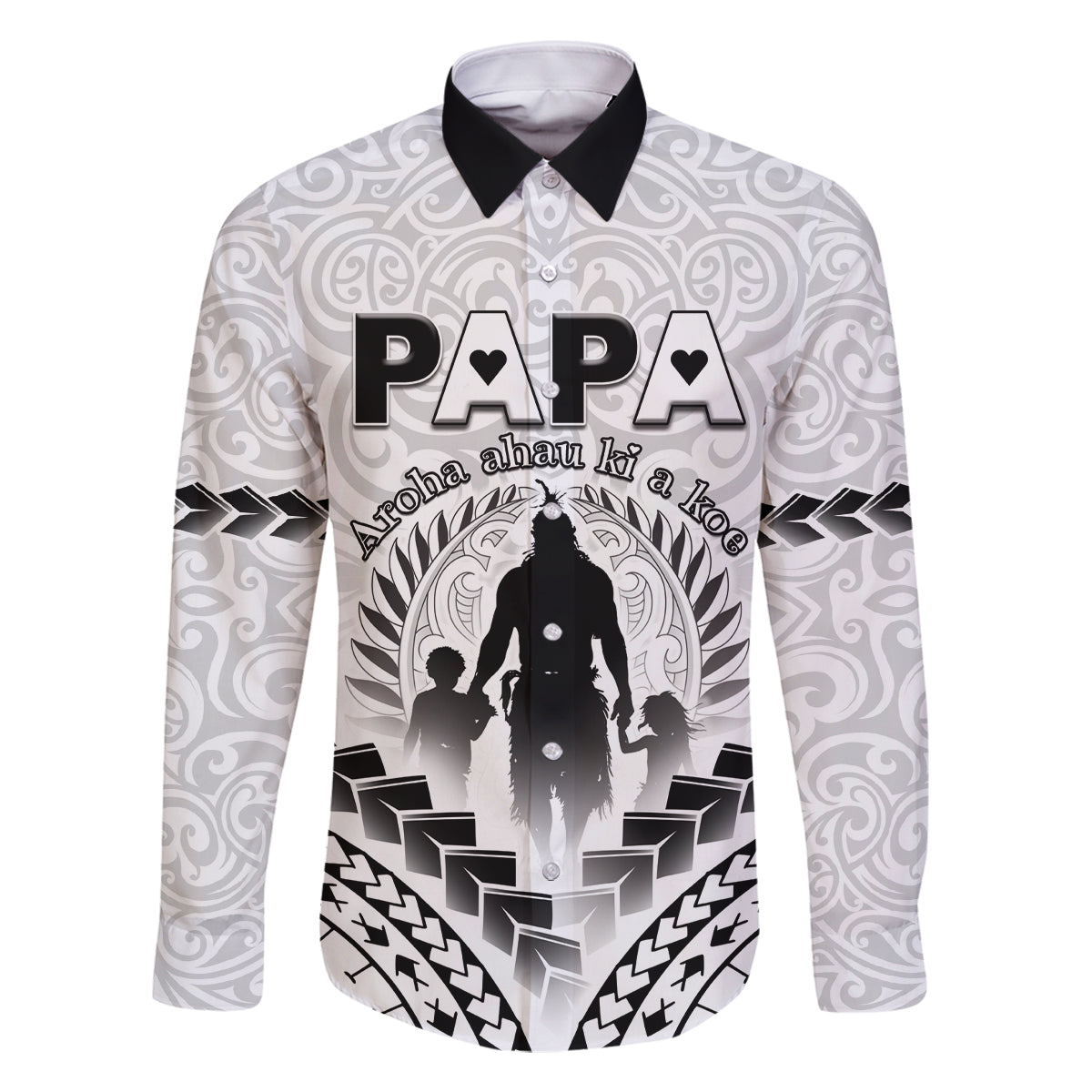 Personalised New Zealand Happy Father's Day Family Matching Off Shoulder Short Dress and Hawaiian Shirt Aroha Ahau Ki A Koe Papa Polynesian Tribal LT05 Dad's Shirt - Long Sleeve White - Polynesian Pride