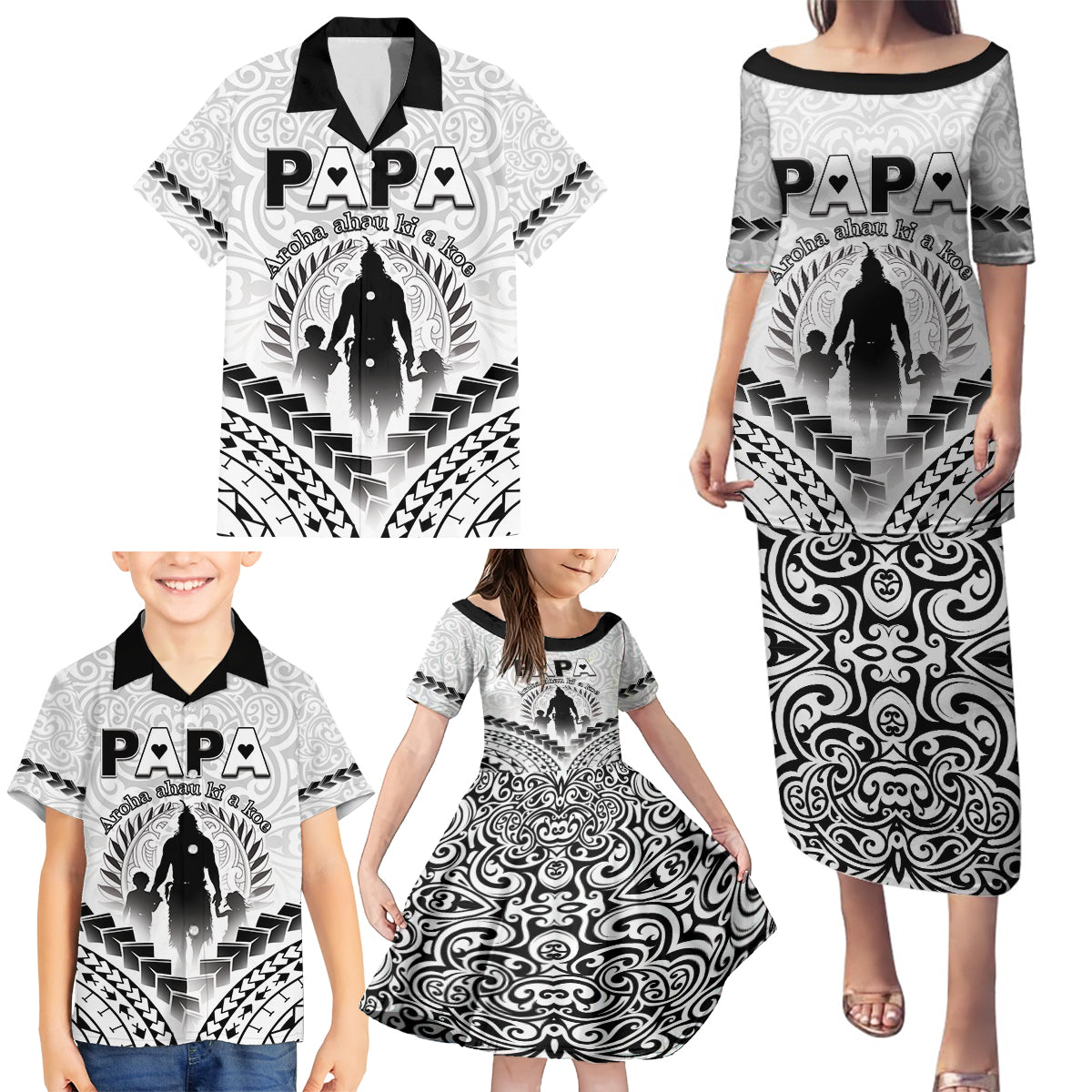 Personalised New Zealand Happy Father's Day Family Matching Puletasi and Hawaiian Shirt Aroha Ahau Ki A Koe Papa Polynesian Tribal LT05 - Polynesian Pride