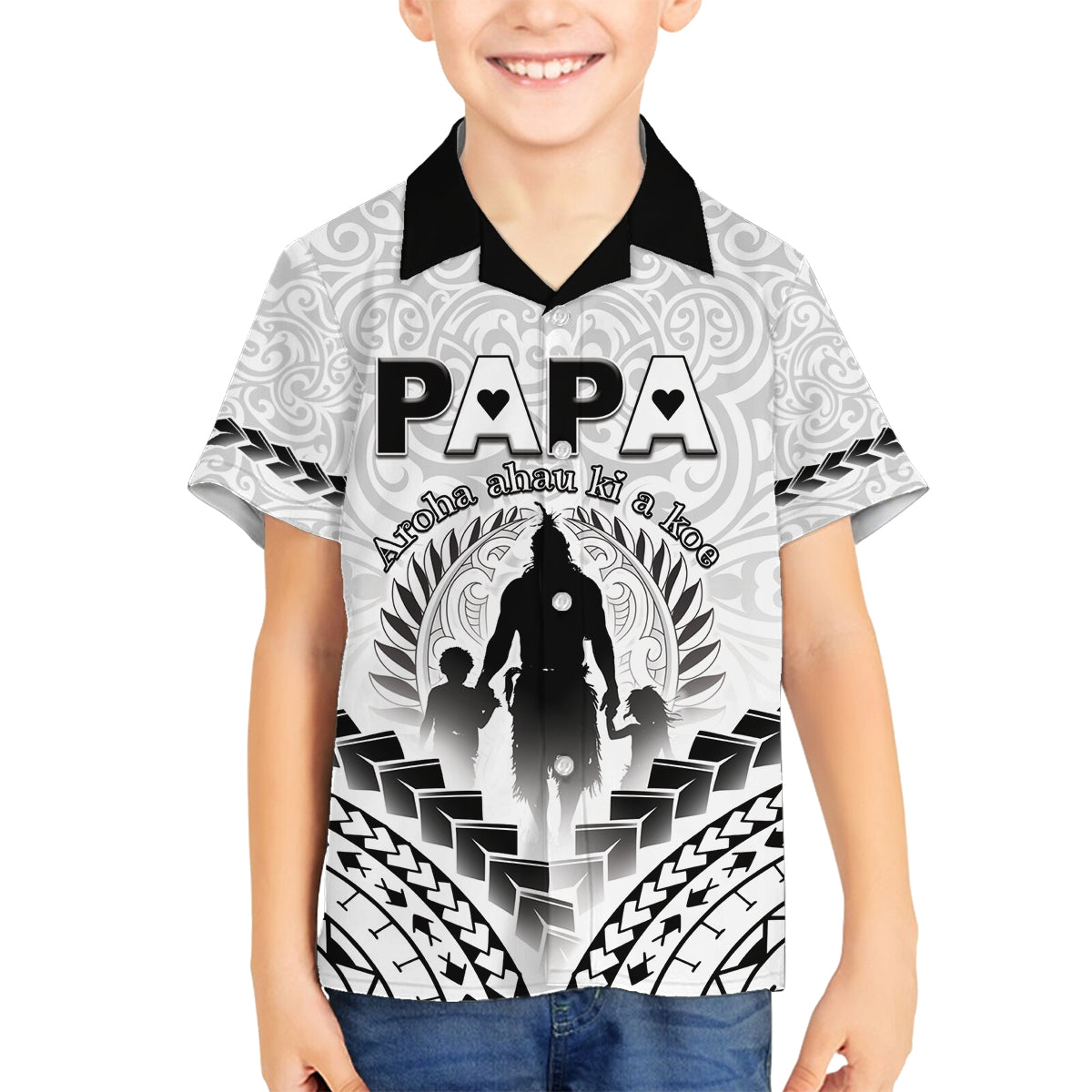 Personalised New Zealand Happy Father's Day Family Matching Tank Maxi Dress and Hawaiian Shirt Aroha Ahau Ki A Koe Papa Polynesian Tribal LT05 Son's Shirt White - Polynesian Pride