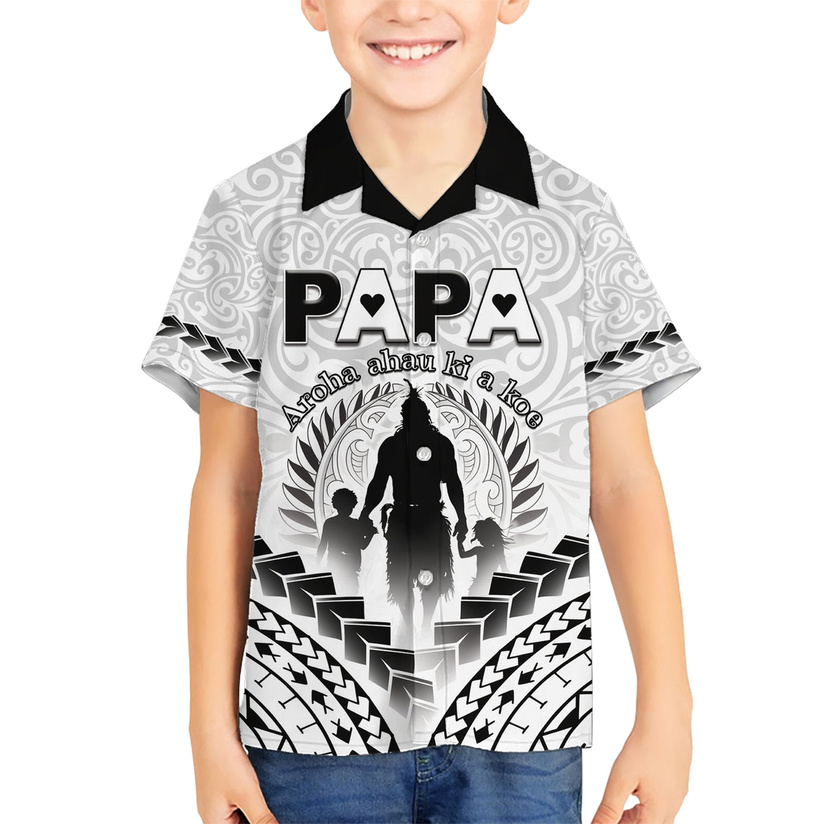Personalised New Zealand Happy Father's Day Kid Hawaiian Shirt Aroha Ahau Ki A Koe Papa Polynesian Tribal LT05 Kid White - Polynesian Pride