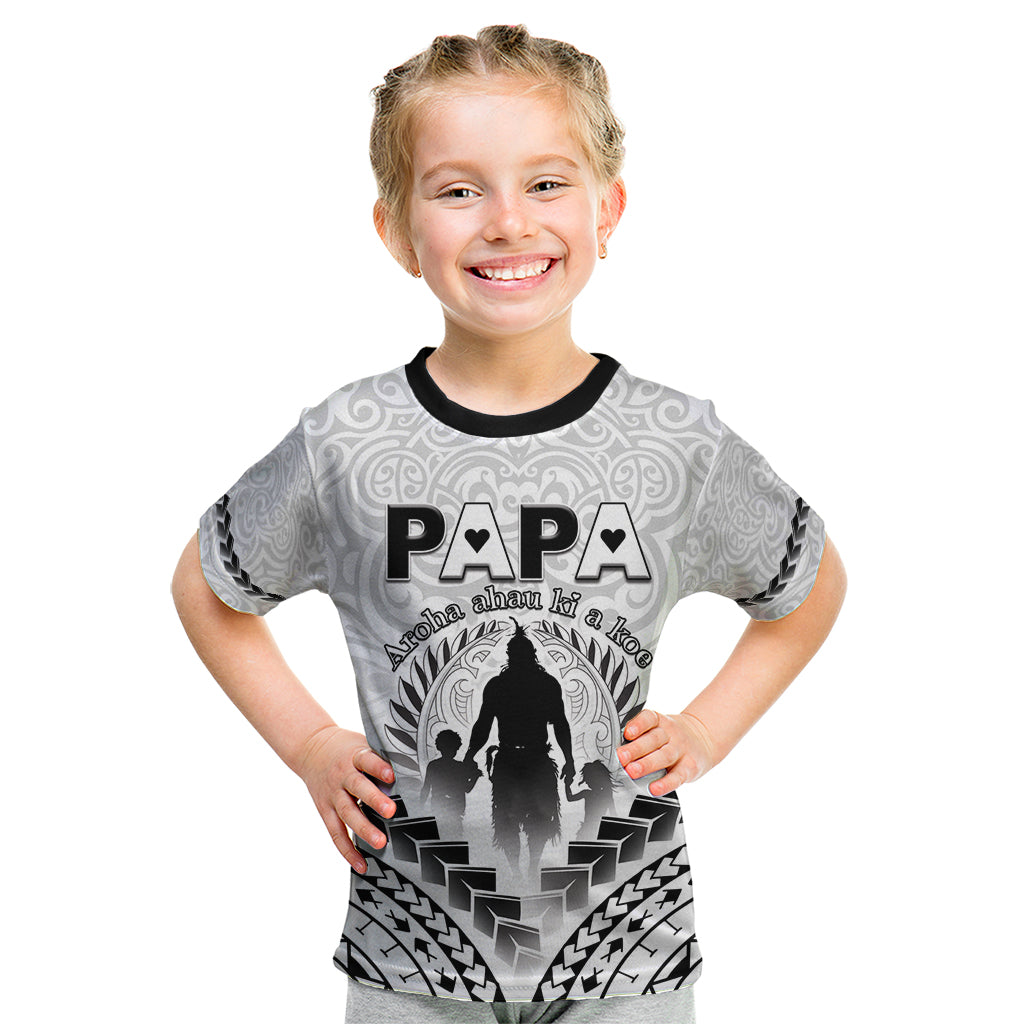 Personalised New Zealand Happy Father's Day Kid T Shirt Aroha Ahau Ki A Koe Papa Polynesian Tribal LT05 White - Polynesian Pride