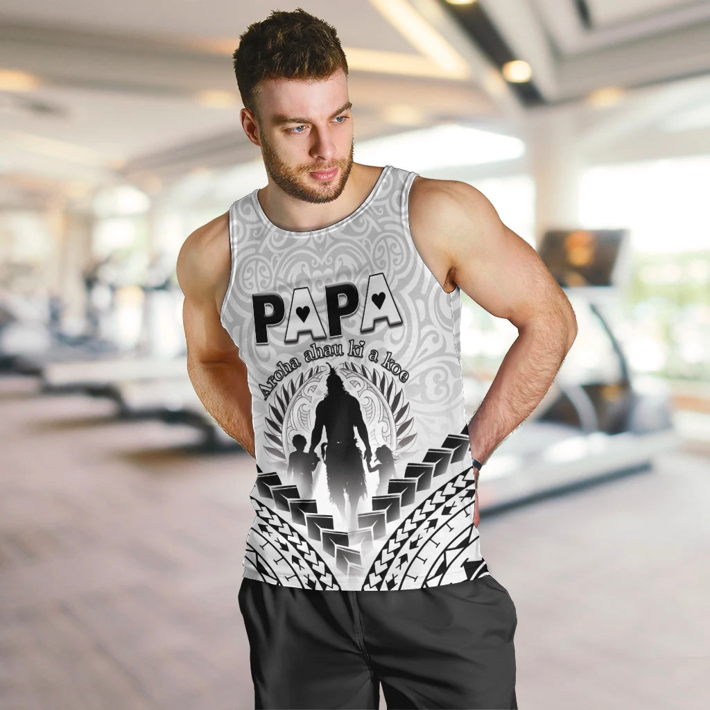 Personalised New Zealand Happy Father's Day Men Tank Top Aroha Ahau Ki A Koe Papa Polynesian Tribal LT05 White - Polynesian Pride