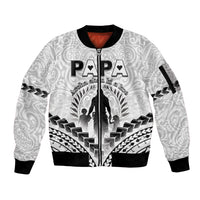 Personalised New Zealand Happy Father's Day Sleeve Zip Bomber Jacket Aroha Ahau Ki A Koe Papa Polynesian Tribal LT05 Unisex White - Polynesian Pride