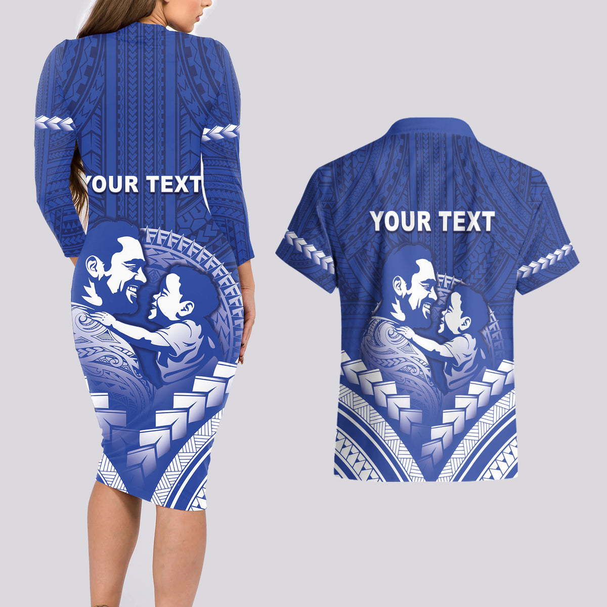 Personalised Samoa Happy Father's Day Couples Matching Long Sleeve Bodycon Dress and Hawaiian Shirt Ou Te Alofa Ia Te Oe Tama Dad Polynesian Tribal LT05 - Polynesian Pride