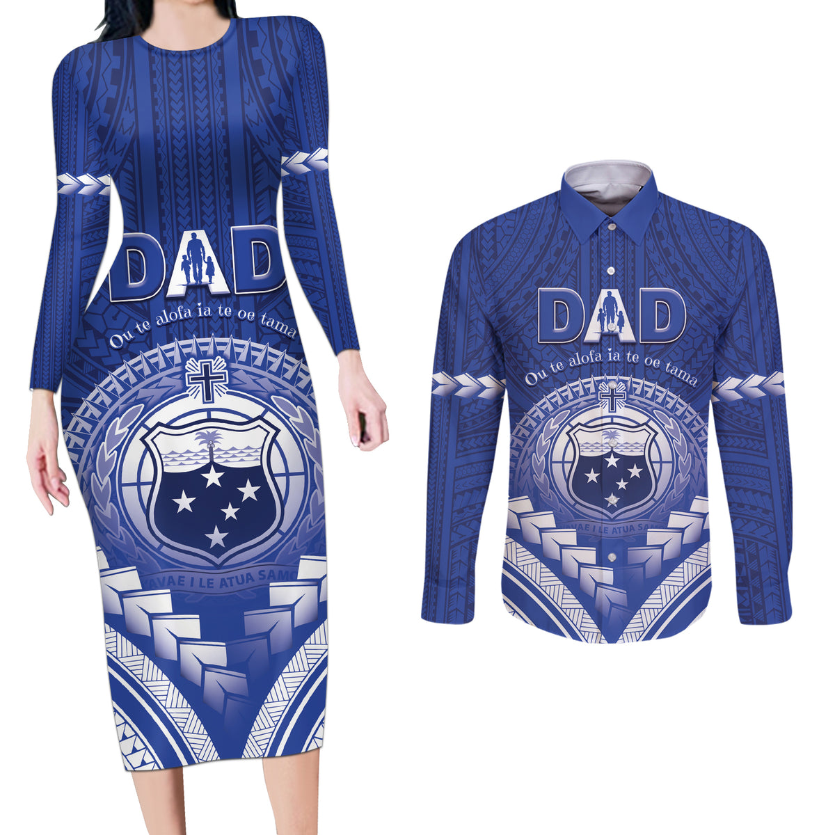 Personalised Samoa Happy Father's Day Couples Matching Long Sleeve Bodycon Dress and Long Sleeve Button Shirt Ou Te Alofa Ia Te Oe Tama Dad Polynesian Tribal LT05 Blue - Polynesian Pride