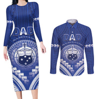 Personalised Samoa Happy Father's Day Couples Matching Long Sleeve Bodycon Dress and Long Sleeve Button Shirt Ou Te Alofa Ia Te Oe Tama Dad Polynesian Tribal LT05 Blue - Polynesian Pride