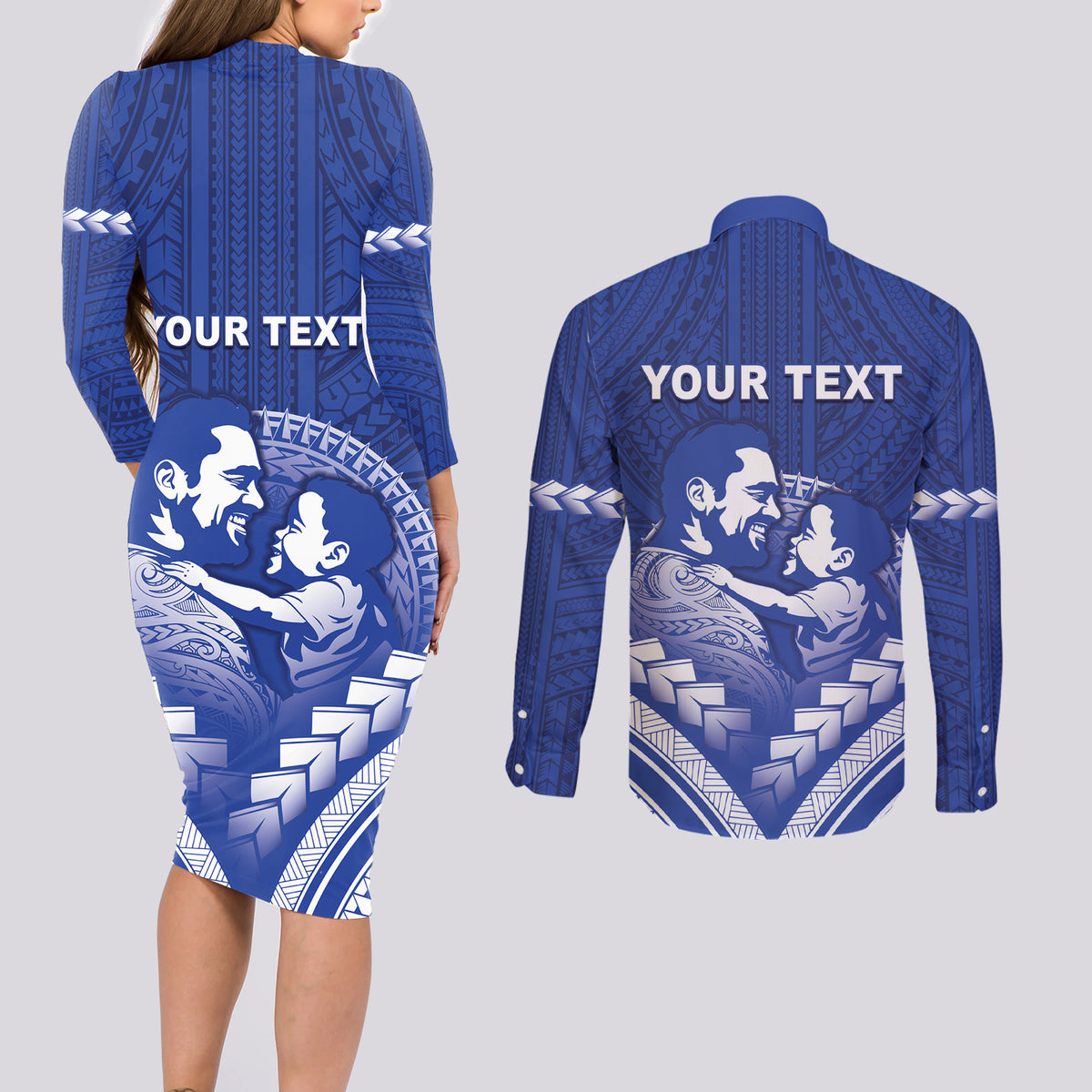 Personalised Samoa Happy Father's Day Couples Matching Long Sleeve Bodycon Dress and Long Sleeve Button Shirt Ou Te Alofa Ia Te Oe Tama Dad Polynesian Tribal LT05 - Polynesian Pride