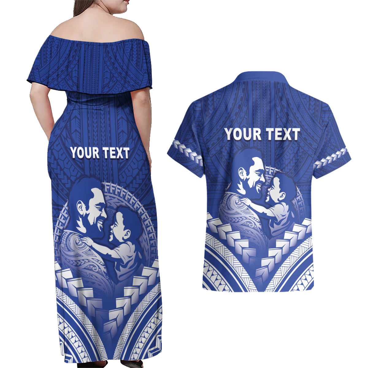 Personalised Samoa Happy Father's Day Couples Matching Off Shoulder Maxi Dress and Hawaiian Shirt Ou Te Alofa Ia Te Oe Tama Dad Polynesian Tribal LT05 - Polynesian Pride