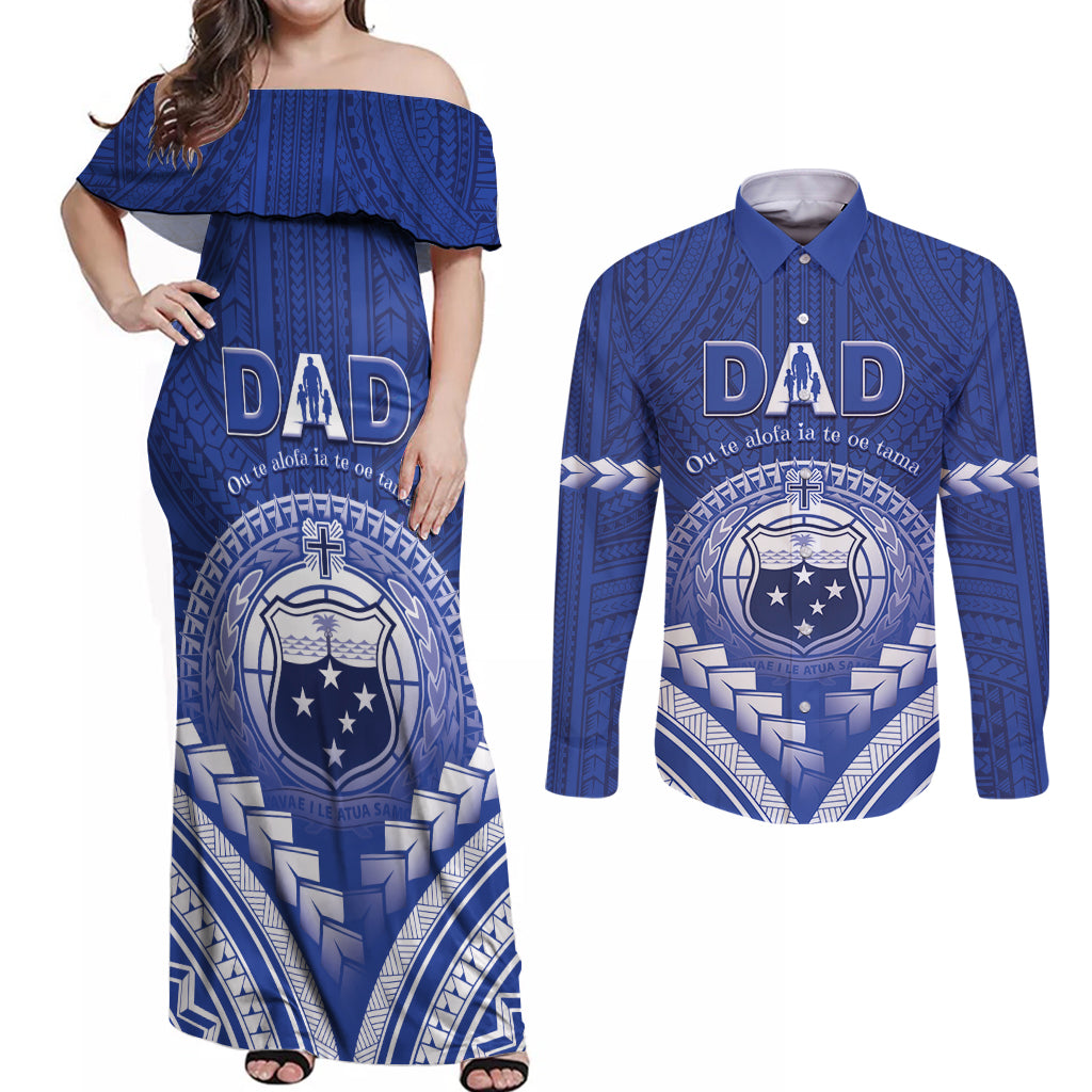 Personalised Samoa Happy Father's Day Couples Matching Off Shoulder Maxi Dress and Long Sleeve Button Shirt Ou Te Alofa Ia Te Oe Tama Dad Polynesian Tribal LT05 Blue - Polynesian Pride