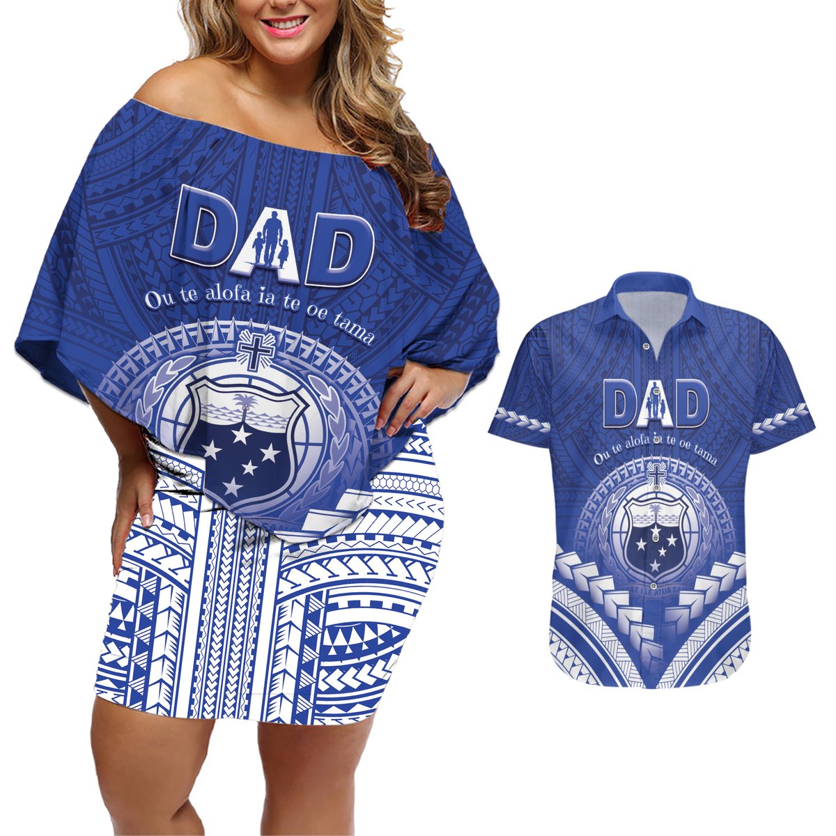 Personalised Samoa Happy Father's Day Couples Matching Off Shoulder Short Dress and Hawaiian Shirt Ou Te Alofa Ia Te Oe Tama Dad Polynesian Tribal LT05 Blue - Polynesian Pride