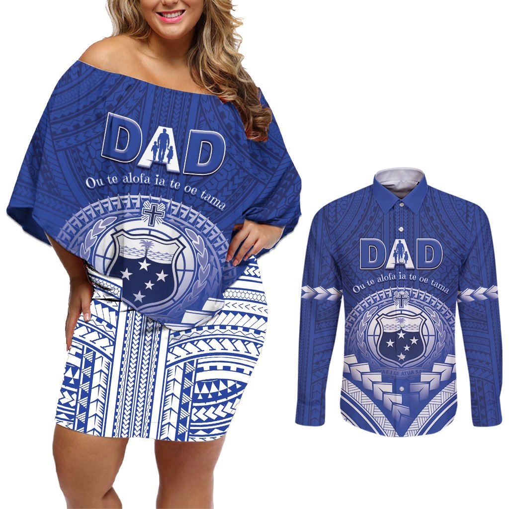 Personalised Samoa Happy Father's Day Couples Matching Off Shoulder Short Dress and Long Sleeve Button Shirt Ou Te Alofa Ia Te Oe Tama Dad Polynesian Tribal LT05 Blue - Polynesian Pride