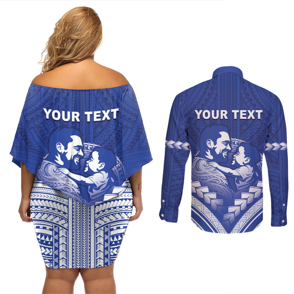 Personalised Samoa Happy Father's Day Couples Matching Off Shoulder Short Dress and Long Sleeve Button Shirt Ou Te Alofa Ia Te Oe Tama Dad Polynesian Tribal LT05 - Polynesian Pride